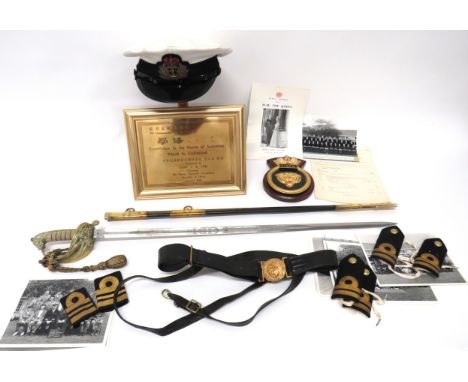 Pre 1953 Royal Navy Officer's Sword And Associated Itemsconsisting sword with 30 3/4 inch, single edged blade with fuller.  E