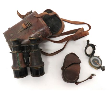 WW1 Dated Compass And Binocularsconsisting brass Verners Patent compass with hinged top lid.  Base with maker "Watts & Son" d
