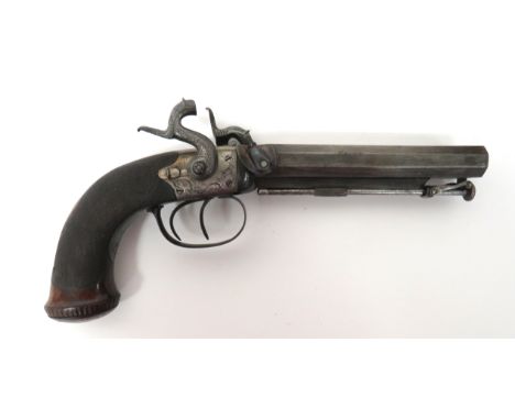 Mid 19th Century English Double Barrel Percussion Pistol32 bore, 5 1/2 inch, octagonal, side by side, double barrels. Lower r