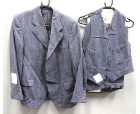 Scarce 1948 Dated Three Piece Demob Suitblue and light blue pinstripe, woollen, single breasted, open collar jacket.  Hidden,
