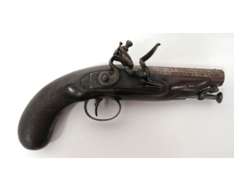 Early 19th Century GreatcoatÂ Flintlock Pistol By TowlsonÂ 40 bore, 4 1/4 inch, browned Damascus barrel.  Front stud sight.  