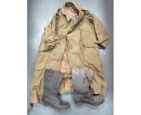 Dispatch Rider Pattern Overcoat And Bootskhaki, rubberised, wrap over front, long coat.  Large, fold over collar.  Lower hidd