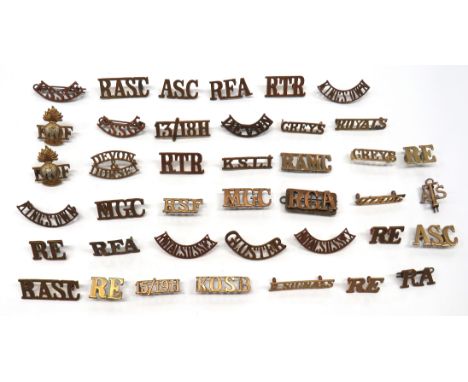 40 x Brass Shoulder Titlestitles include Royal Sussex ... RSF ... KOSB ... Greys ... 4/7 RDG ... MGC ... 15/19H ... RTR ... 1