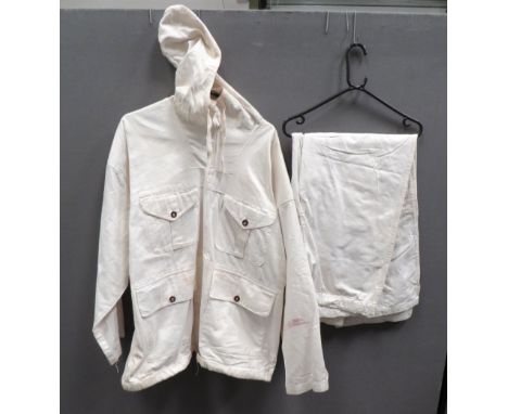 WW2 White Camouflaged Windproof Jacket And Trouserswhite cotton, pull over smock with hood.  Pleated chest pockets and lower 