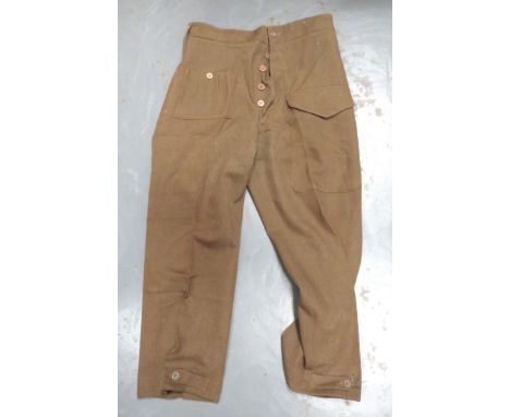 WW2 Officer Quality Battledress Trouserskhaki, fine quality, wide leg trousers.  Right hip with first aid pocket.  Front of l