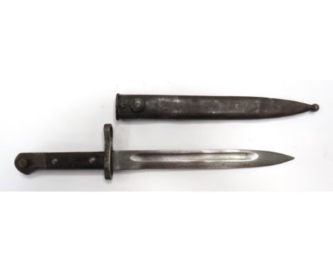 WW1 Turkish Mauser Bayonet9 3/4 inch, single edged blade with fuller.  Steel muzzle ring, crossguard and pommel.  Wooden slab