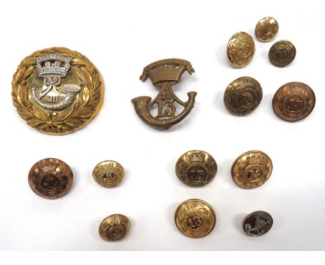 Somerset Light Infantry Badges And Buttonsconsisting gilt boss with overlaid gilt wreath.  Central, white metal 13th Somerset