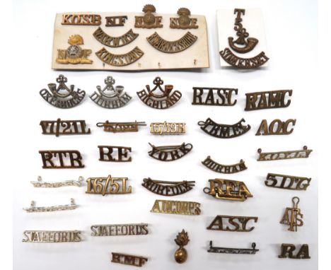 38 x Regimental Shoulder Titlesbrass titles include 17/21L ... 16/5L ... 15/19H ... T.B.M.E.C. ... KOSB ... Warwick ... Kings