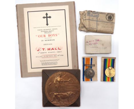 WW1 North Stafford Regiment Casualty Pair And Ephemeraconsisting silver War medal and Victory named "61581 Pte J T Hall N. St