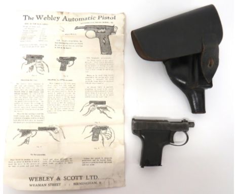 Deactivated Webley & Scott Automatic Pocket Pistol6.35mm, 2 inch, part exposed barrel.  Top slide with W & S logo and "Webley