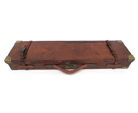 Leather Covered Vintage Shotgun Case 30 1/2 &nbsp;x 8 x 4 inch, leather case. &nbsp;Brass corner mounts and central lock. &nb