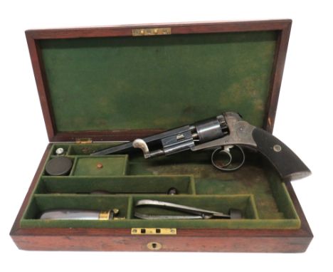 Fine Mid 19th Century Joseph Bentley Pattern Cased Percussion Revolver54 bore, 7 inch, blued, rifled, octagonal barrel.  Fron