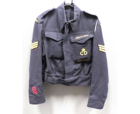 WW2 Staffordshire Civil Defence Battledress Jacket And Paperworkdark blue woollen, single breast, closed collar, short jacket