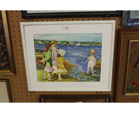 Dolly Crown, watercolour, Coastal scene with mother and children, painted in a 1940's style, 27cm x 34cm, signed and dated '9