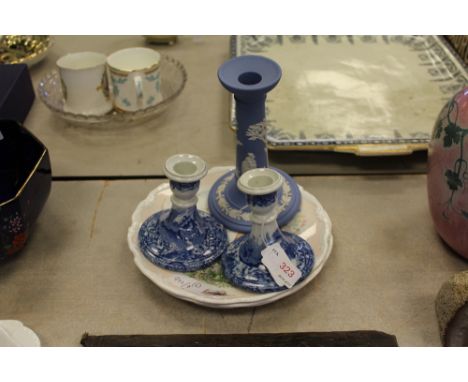 Spode Italian candlestick, Wedgwood candlestick and three Doulton plates
