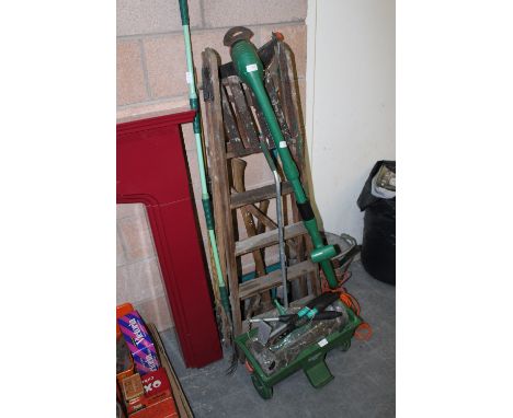 Galvanised bucket, step ladders, garden tools etc*strimmer withdrawn from auction - failed pats test