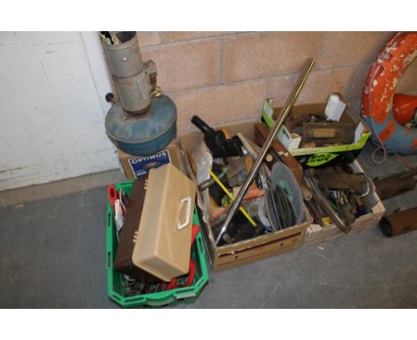 4 boxes of tools including spoke shave, 3 paraffin heaters etc