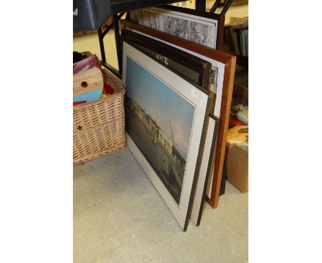 Lowry poster 'The Organ Grinder', framed OS map of Kirkby Stephen, embroidery and 'Greenwich Hospital' mounted print