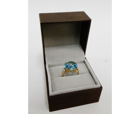 Glen Lehrer torus cut blue topaz and diamond set dress ring, stamped 10k, UK ring size O, boxed 