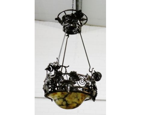 Art Deco wrought iron style ceiling light with alabaster plafonnier shade