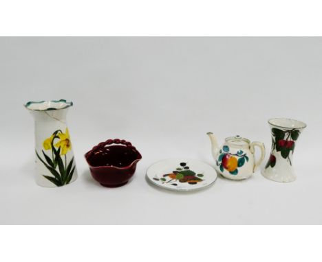 Collection of Wemyss Scottish pottery to include two vases, a teapot, a plate and a sang de bouef glazed basket, (all with da