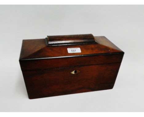 Mahogany sarcophagus tea caddy with three divisions to the interior, 30cm long