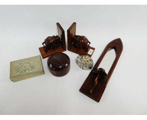 Mixed lot to include a pair of Elephant book ends, trinket box and cover, a candle sconce and two Epns trinket boxes. (a lot)