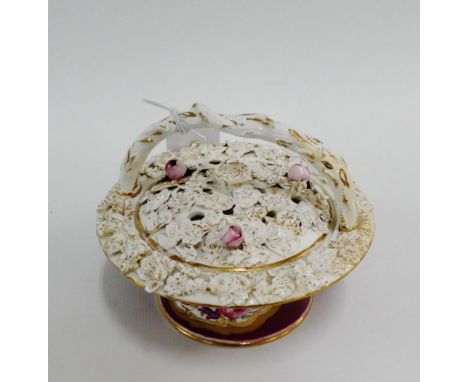 Worcester pot pourri basket, the puce ground with two floral reserves and encrusted flowers (cover re-glued), 15cm wide