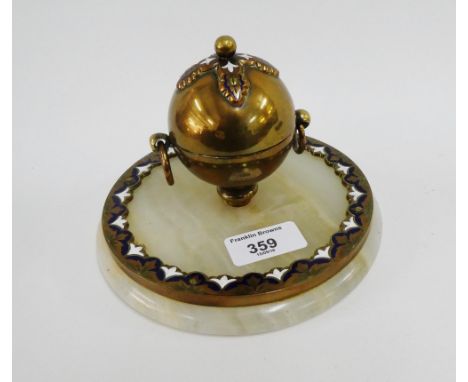 French brass inkwell on a marble base with champleve enamel, 16cm wide, with brass mounts and inscribed 'Paris, Liverpool' 16