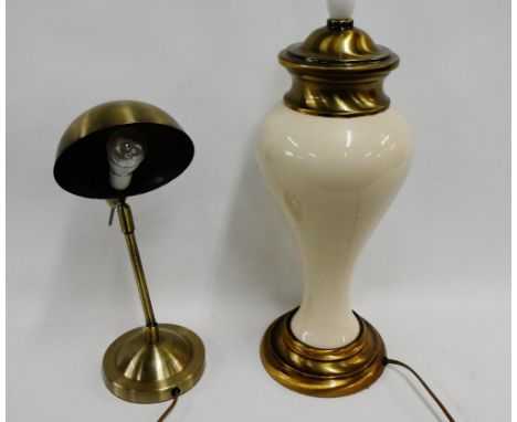 Cream glazed ceramic lamp base together with a brushed metal students style lamp, (2) 