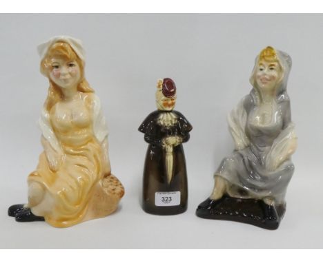Two Mollie Malone Kingston Pottery Toby jugs, together with a continental pottery figural decanter and stopper, tallest 27cm,
