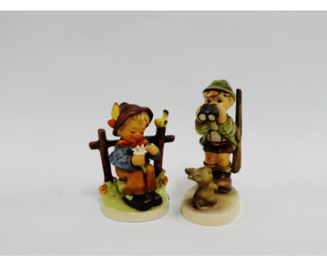 Two Hummel figures to include 'Good Hunting' and 'She Loves me, she loves me not', (2) 