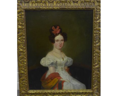 Continental School, Willich Testaz Half length portrait of a woman with a red ribbon in her hair Oil-on-Canvas, apparently un