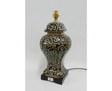 Black and cream glazed ceramic table lamp base, 40cm high excluding fitting