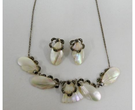 Vintage mother of pearl and marcasite necklace and earrings (2) 