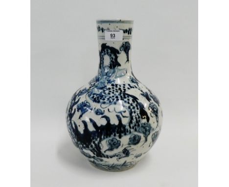 Chinese blue and white bottle neck vase painted with Dragon and Pearl of Wisdom pattern, 34cm high