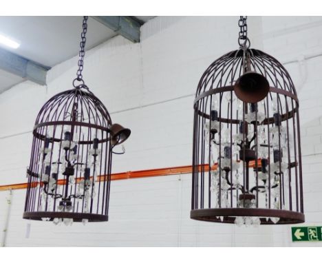 Pair of contemporary light fittings with outer bird cage frame and cut glass lustres, approx 80cm drop, (2) 