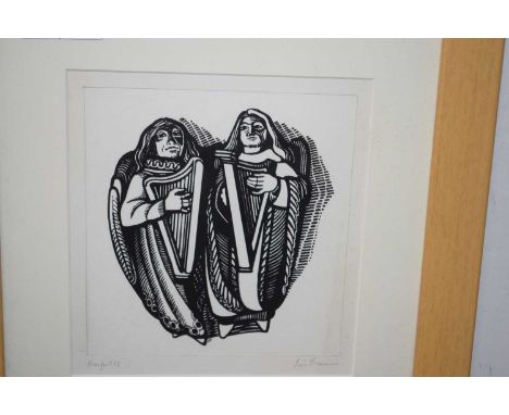 "Harpists" woodblock print, indistinctly signed in pencil, 6x6ins, framed and glazed
