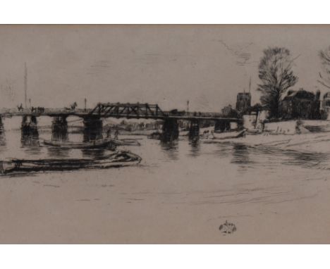 After J A M Whistler (1834-1903) a print depicting Chelsea, 14 x 20cm, mounted framed and glazed, 25 x 32cm