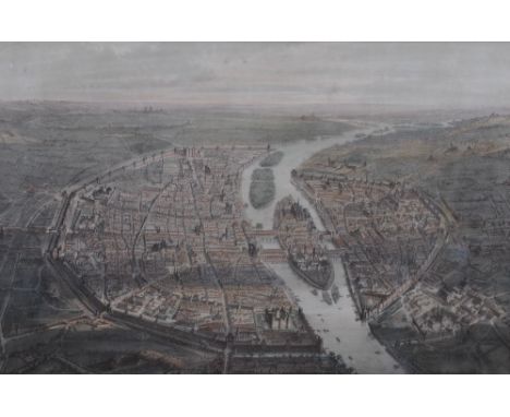 Two 19th/20th century prints, depicting an aerial view of Paris, 23 x 38cm, later mounted framed and glazed, 46 x 58cm, and a