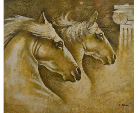 R Kingman (20th century) oil on canvas laid down on board, Greek horse montage with ionic column, signed R Kingman lower righ