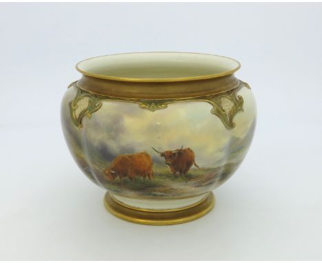John Stinton for Royal Worcester, a Highland Cattle painted jardiniere, 1914, lobed and shouldered squat ovoid form, relief m