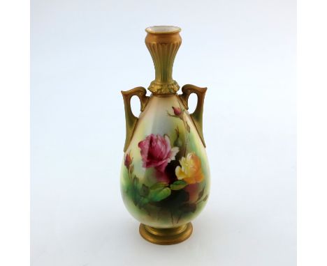 R Austin for Royal Worcester, a rose painted vase, circa 1909, twin handled teardrop form. decorated with pink and yellow blo