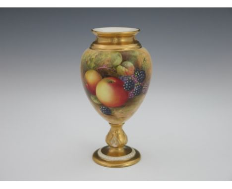 Harry Ayrton for Royal Worcester, a fruit painted vase, circa 1936, ovoid pedestal form, decorated with apples and berries, w
