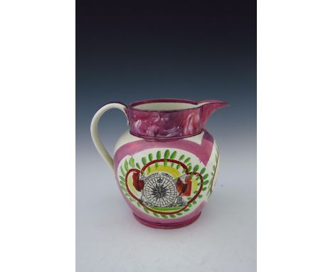 A William IV Sunderland Lustre jug, Robert Maling, Ouseburn Bridge pottery, The Mariner's Compass, shouldered form, transfer 