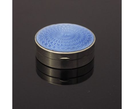 A George V silver and enamelled box, Aaron Lufkin Dennison, Birmingham 1927, circular form with blue guilloche enamel lid, hi