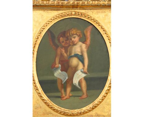 Italian School, 19th Century, two standing winged cherubs holding scrolls, oval, oil on panel, 21 by 16cm, in a gilt Florenti