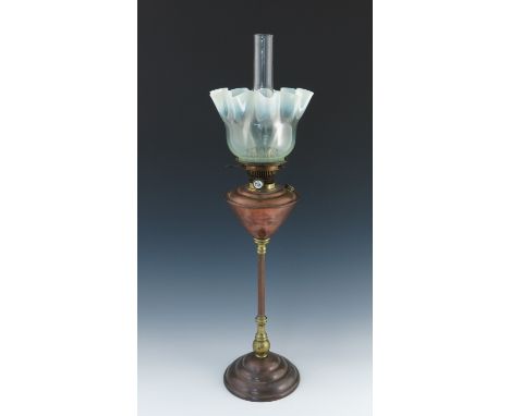 W.A.S Benson, an Arts and Crafts copper and brass table oil lamp, circa 1890, wavy rim vaseline glass shade, glass chimney, c