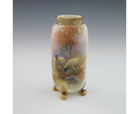 Harry Stinton for Royal Worcester, a Highland Sheep painted vase, 1934, rounded cylindrical form with reticulated collar, dec
