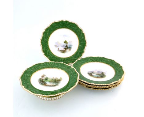 Harry Davis for Royal Worcester, a scene painted part dessert service, 1902, the tazza with a central image of Sandringham, w